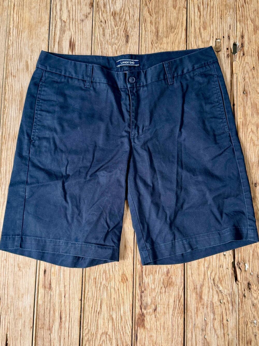 Lands' End Men's Navy Chino Bermuda Shorts Flat Front Cotton Blend Summer Preppy